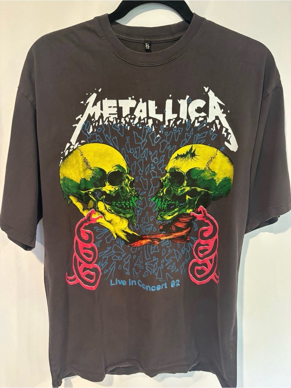 R13 Metallica Live In Concert 92 Graphic Tee - Charcoal with Neon Skull Art - S
